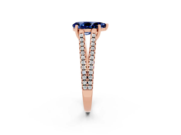 Rose gold Pear Cut Blue Sapphire Solitaire Engagement Ring with Split Shank Pavé Band