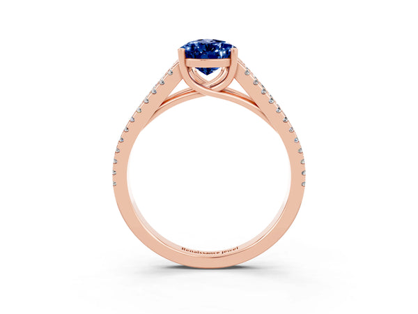 Rose gold Pear Cut Blue Sapphire Solitaire Engagement Ring with Split Shank Pavé Band