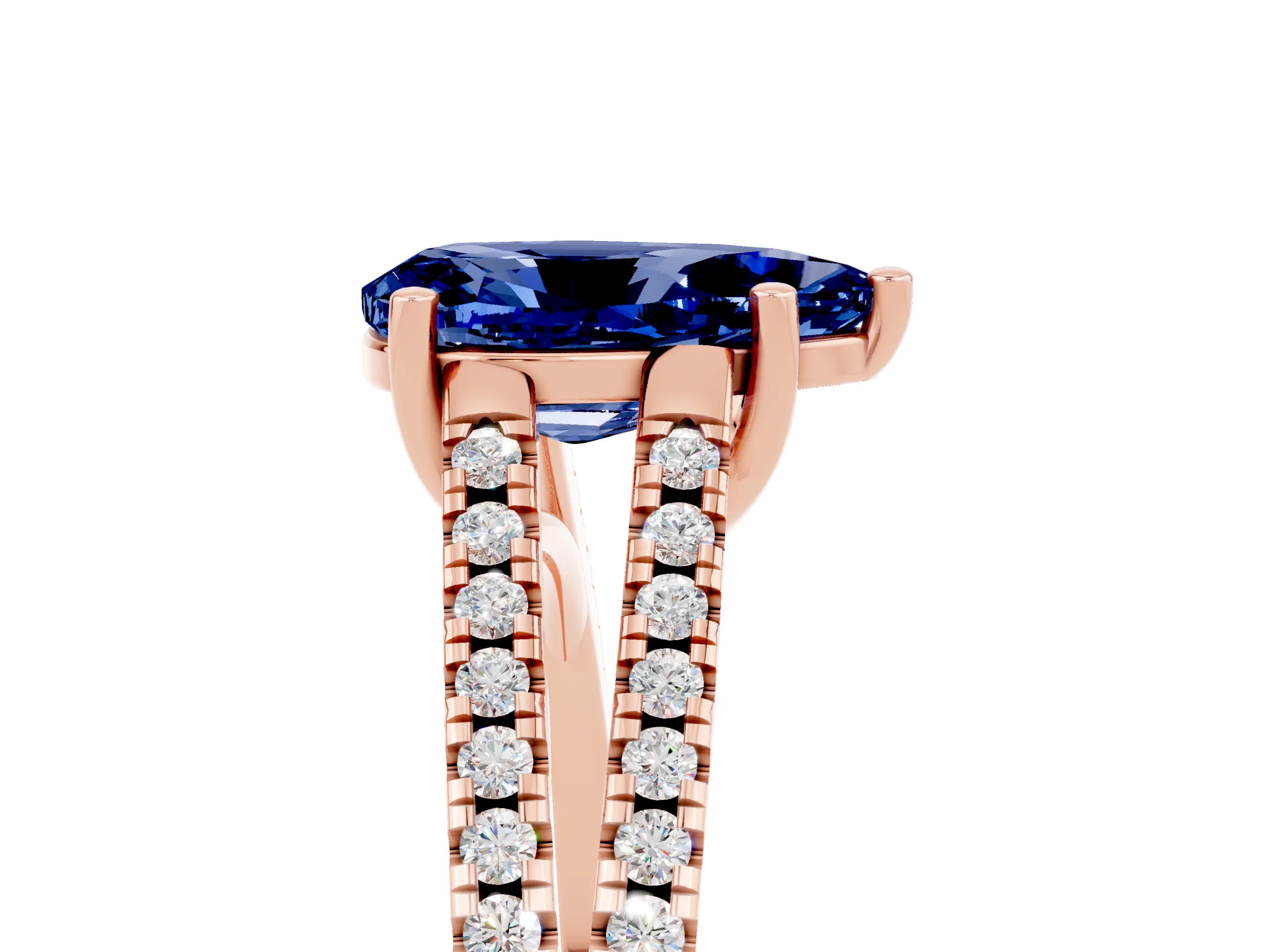 Rose gold Pear Cut Blue Sapphire Solitaire Engagement Ring with Split Shank Pavé Band_5
