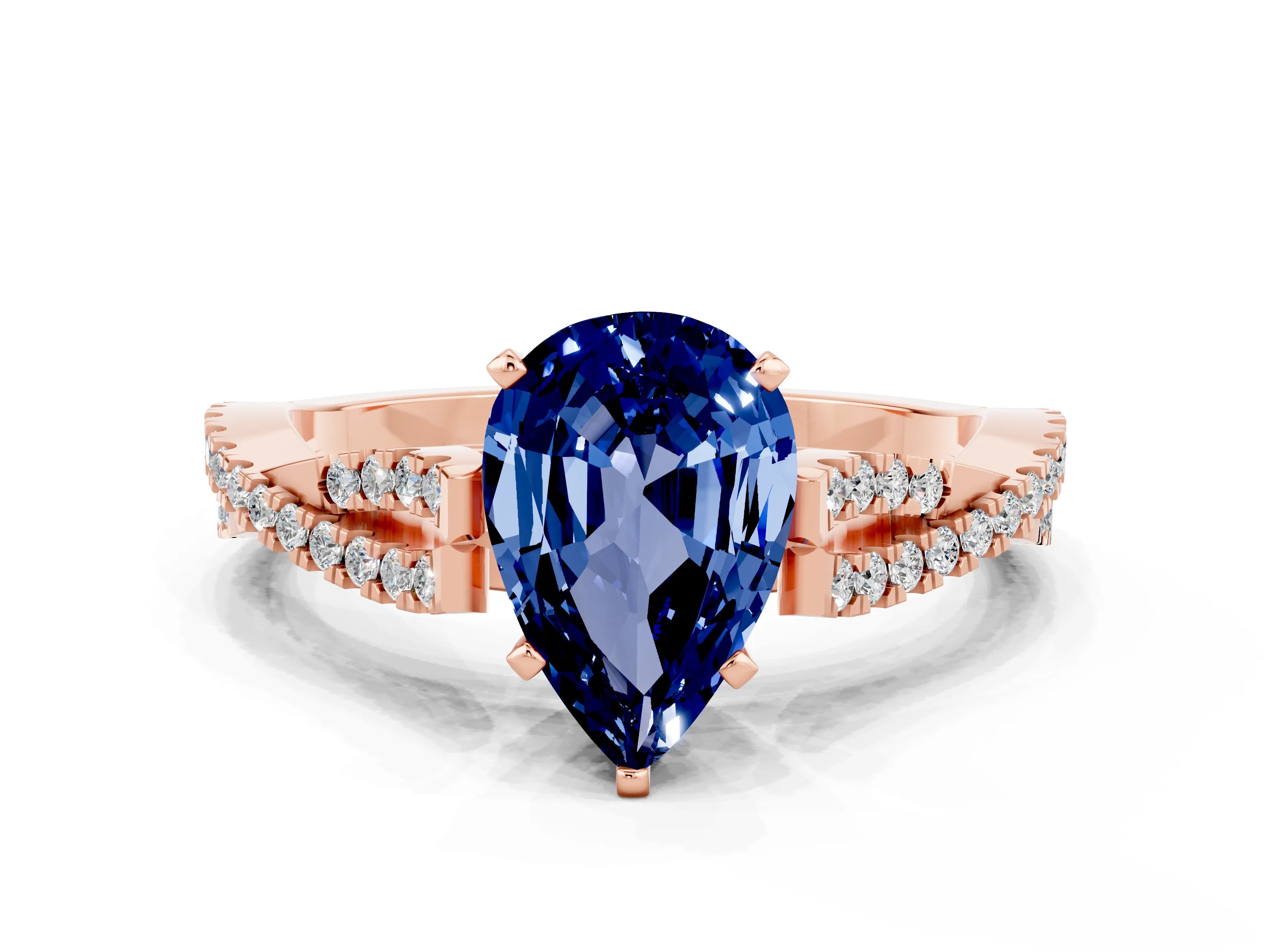 Rose gold Pear Cut Blue Sapphire Solitaire Engagement Ring with Twisted Pavé Band and Four-Prong Setting