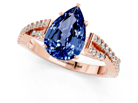 Rose gold Pear Cut Blue Sapphire Solitaire Engagement Ring with Twisted Pavé Band and Four-Prong Setting_1