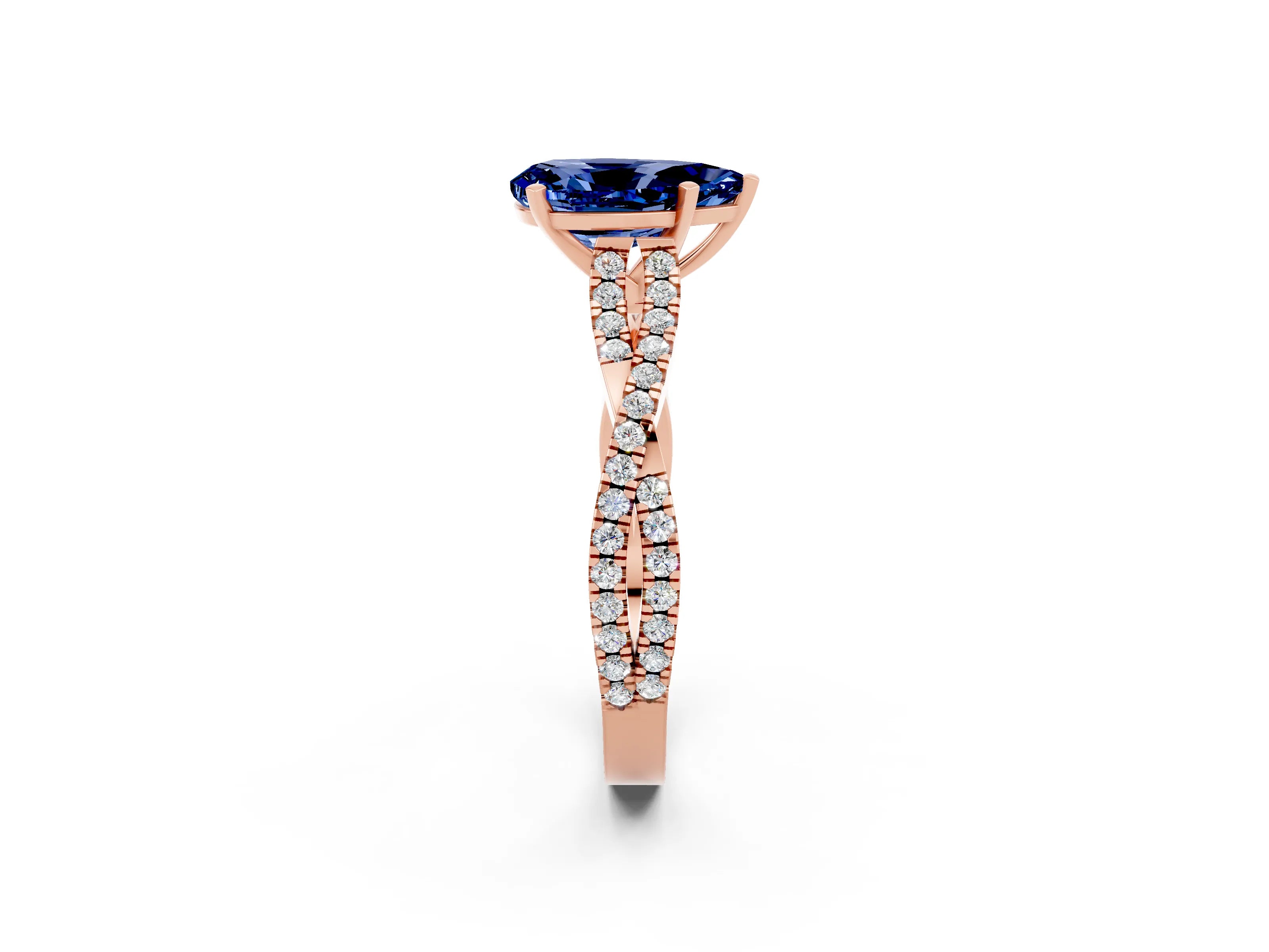 Rose gold Pear Cut Blue Sapphire Solitaire Engagement Ring with Twisted Pavé Band and Four-Prong Setting_2