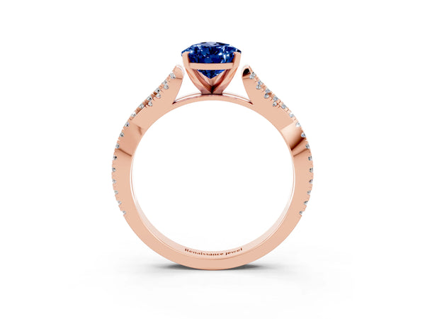 Rose gold Pear Cut Blue Sapphire Solitaire Engagement Ring with Twisted Pavé Band and Four-Prong Setting
