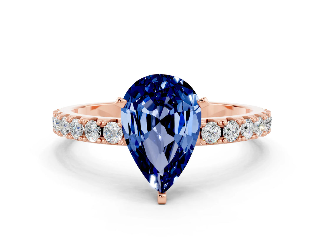 Rose gold Pear Cut Blue Sapphire Solitaire Pavé Band with Four-Prong Setting