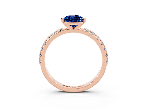 Rose gold Pear Cut Blue Sapphire Solitaire Pavé Band with Four-Prong Setting