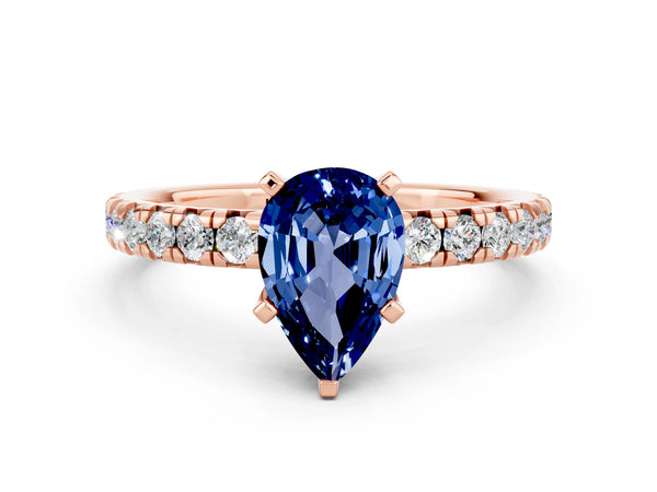 Rose gold Pear Cut Blue Sapphire Solitaire Pavé Engagement Ring with Round Band and Prong Setting