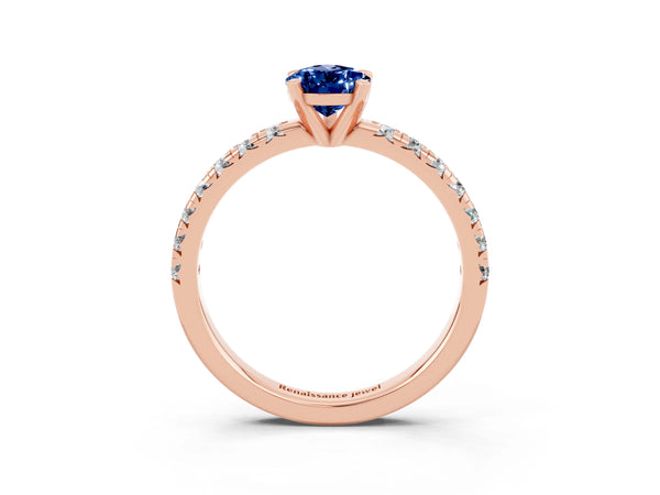 Rose gold Pear Cut Blue Sapphire Solitaire Pavé Engagement Ring with Round Band and Prong Setting