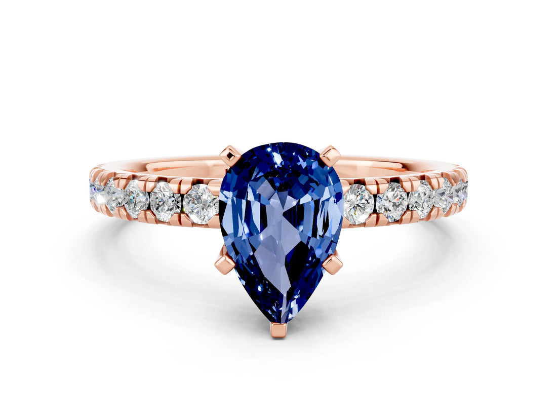 Rose gold Pear Cut Blue Sapphire Solitaire Pavé Engagement Ring with Round Band and Prong Setting_78