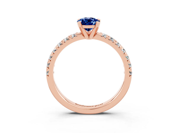 Rose gold Pear Cut Blue Sapphire Solitaire Pavé Engagement Ring with Round Band and Prong Setting