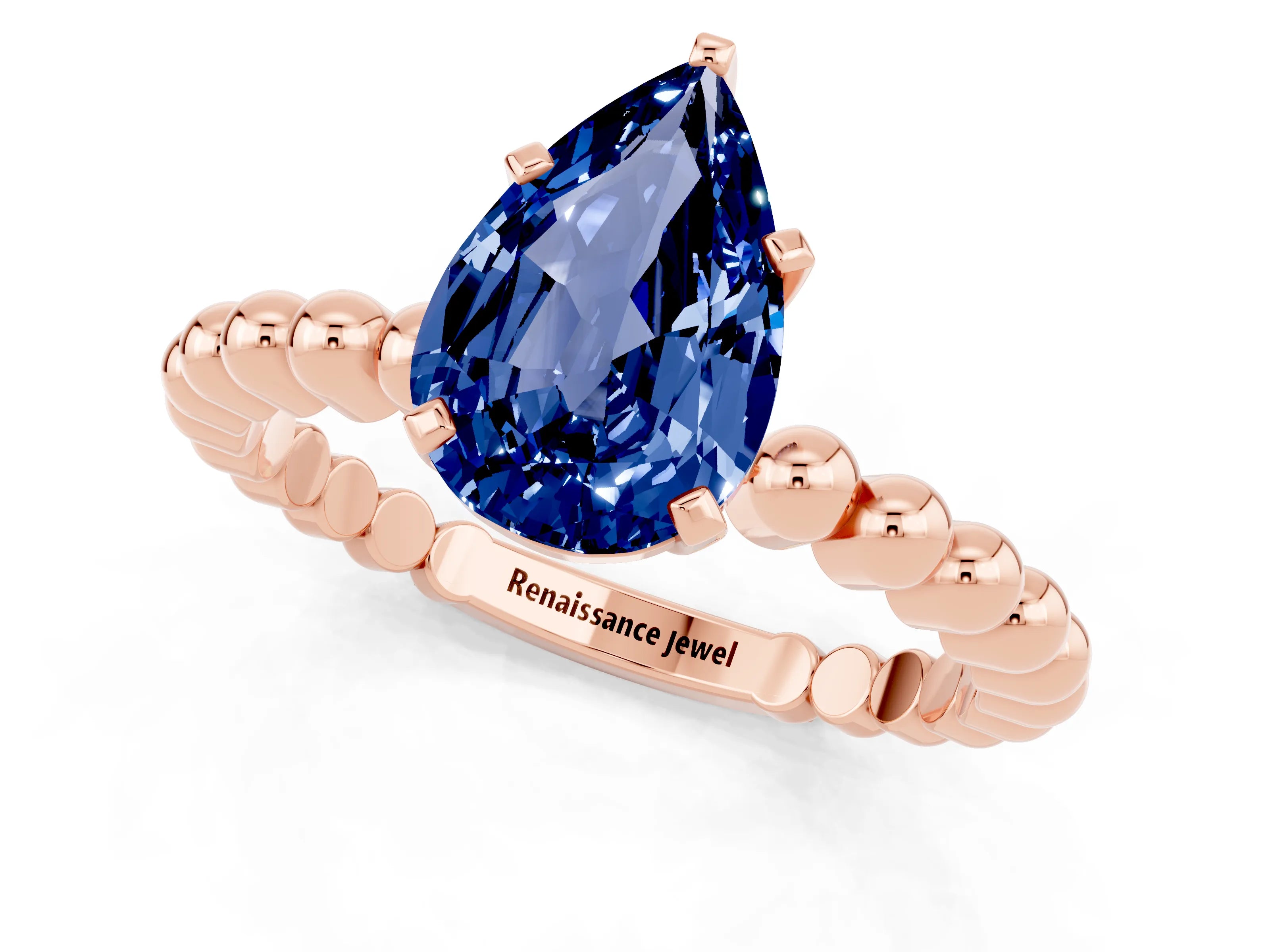 Rose gold Pear Cut Blue Sapphire Solitaire Ring with Beaded Band and Prong Setting_1