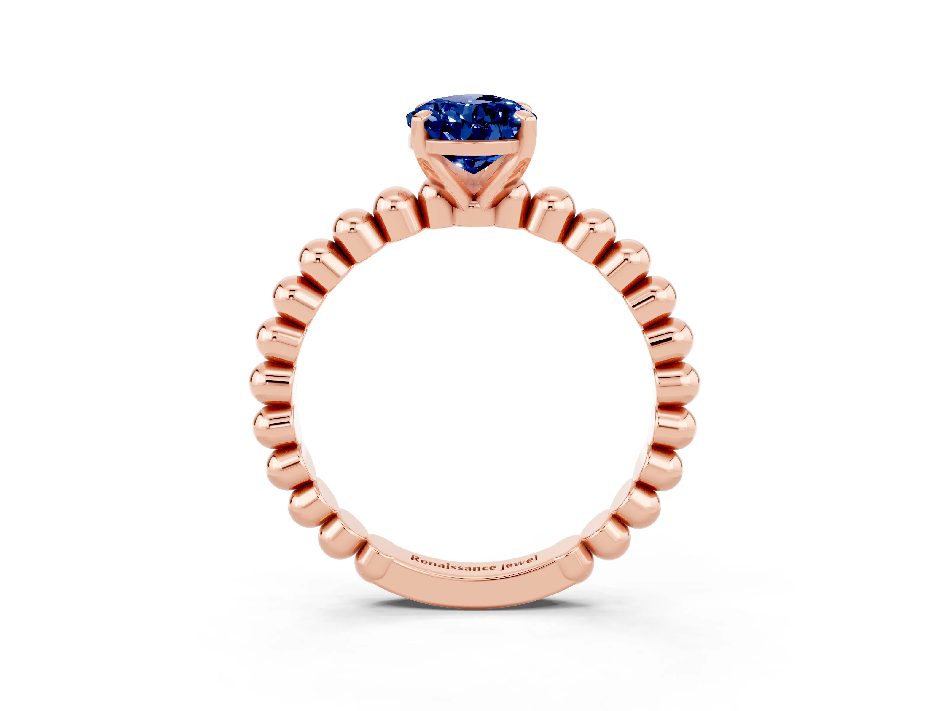 Rose gold Pear Cut Blue Sapphire Solitaire Ring with Beaded Band and Prong Setting_3