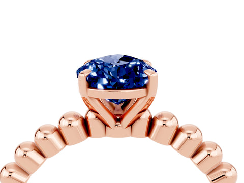 Rose gold Pear Cut Blue Sapphire Solitaire Ring with Beaded Band and Prong Setting_4