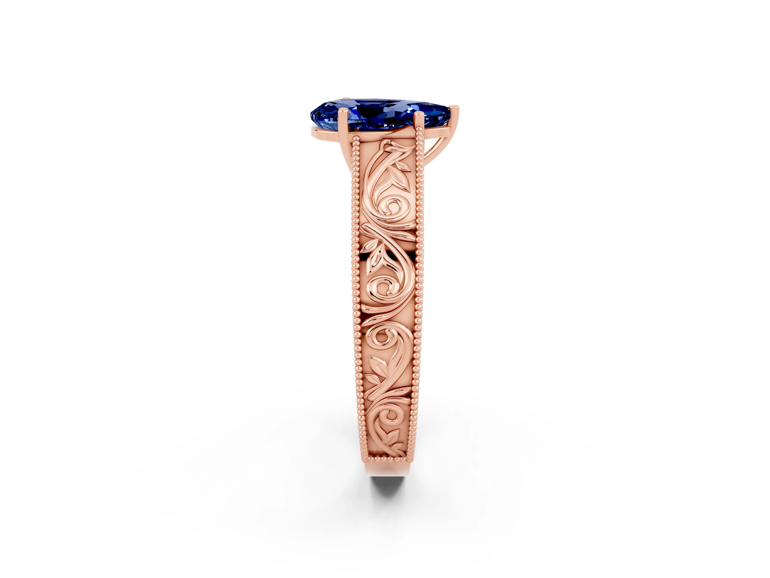 Rose gold Pear Cut Blue Sapphire Solitaire Ring with Engraved Band and Four-Prong Setting_2