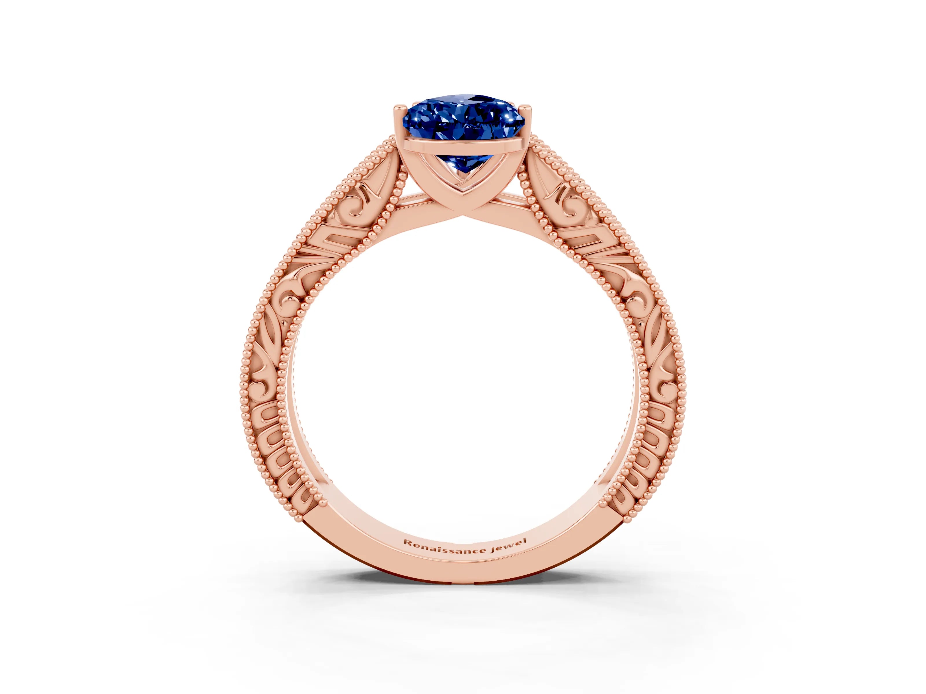 Rose gold Pear Cut Blue Sapphire Solitaire Ring with Engraved Band and Four-Prong Setting_3