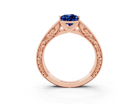 Rose gold Pear Cut Blue Sapphire Solitaire Ring with Engraved Band and Four-Prong Setting_3
