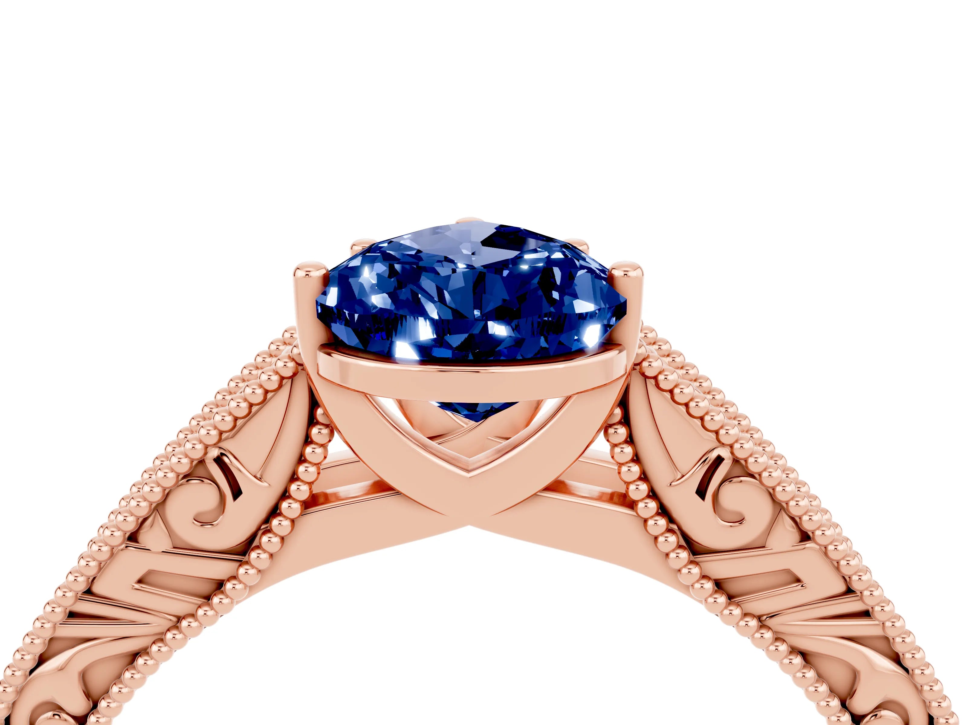 Rose gold Pear Cut Blue Sapphire Solitaire Ring with Engraved Band and Four-Prong Setting_4