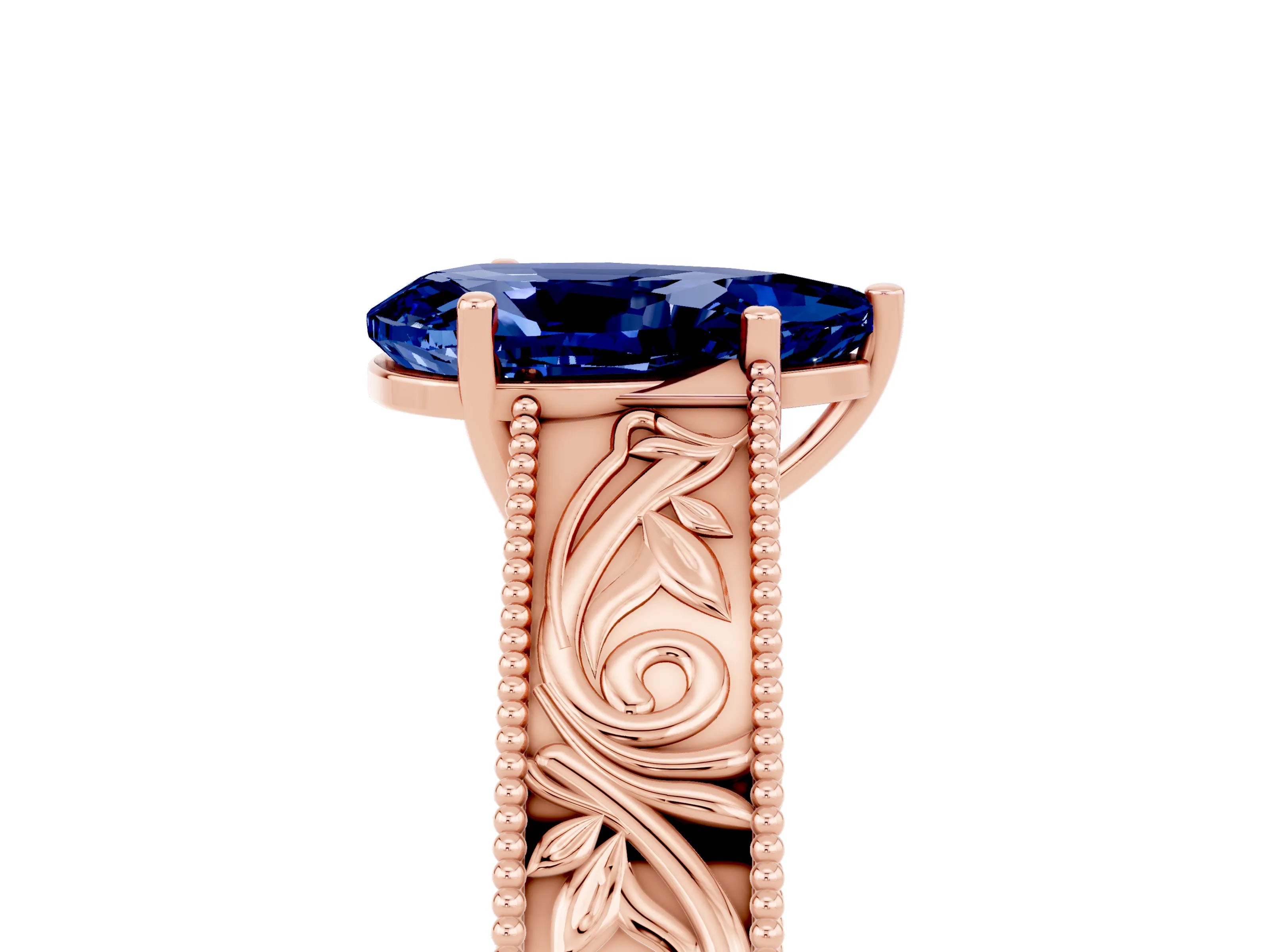 Rose gold Pear Cut Blue Sapphire Solitaire Ring with Engraved Band and Four-Prong Setting_5