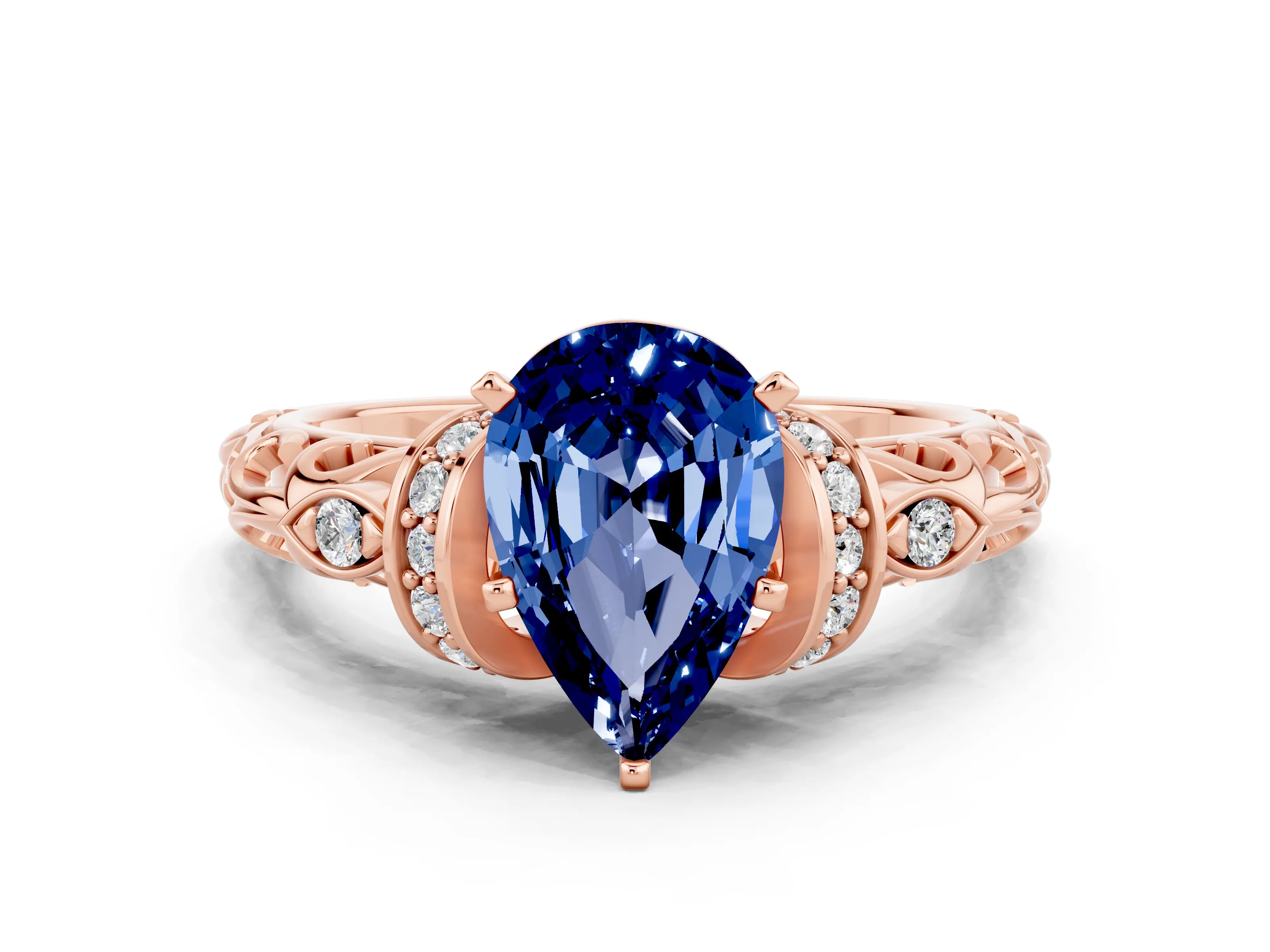 Rose gold Pear Cut Blue Sapphire Solitaire Ring with Filigree Band and Four-Prong Setting_24