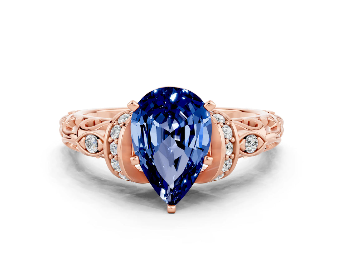 Rose gold Pear Cut Blue Sapphire Solitaire Ring with Filigree Band and Four-Prong Setting_24