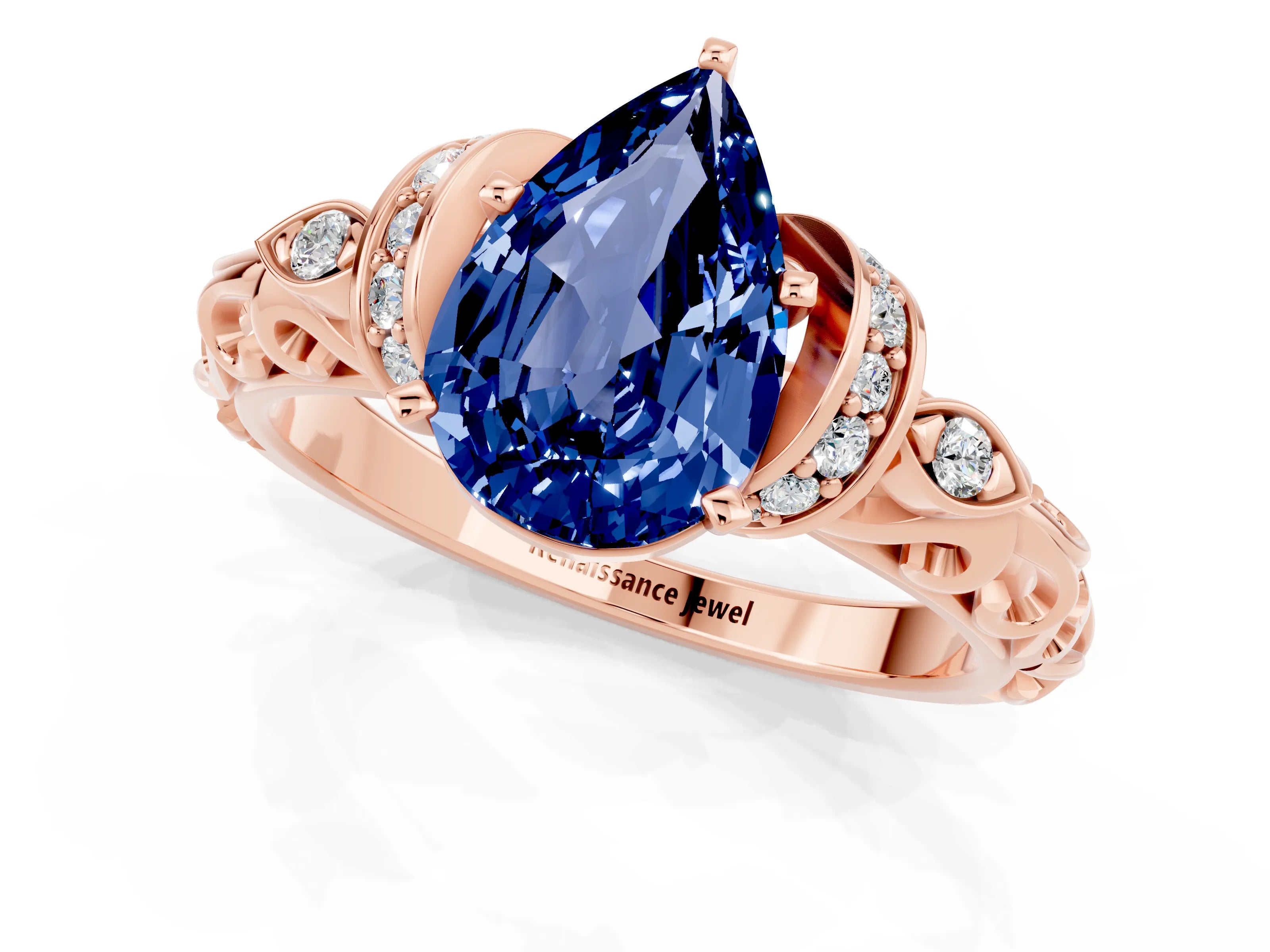 Rose gold Pear Cut Blue Sapphire Solitaire Ring with Filigree Band and Four-Prong Setting_25
