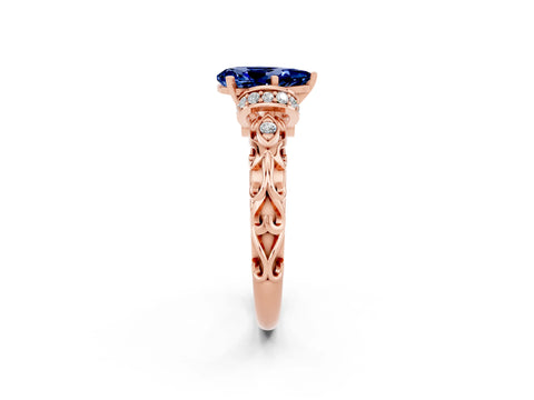 Rose gold Pear Cut Blue Sapphire Solitaire Ring with Filigree Band and Four-Prong Setting_26