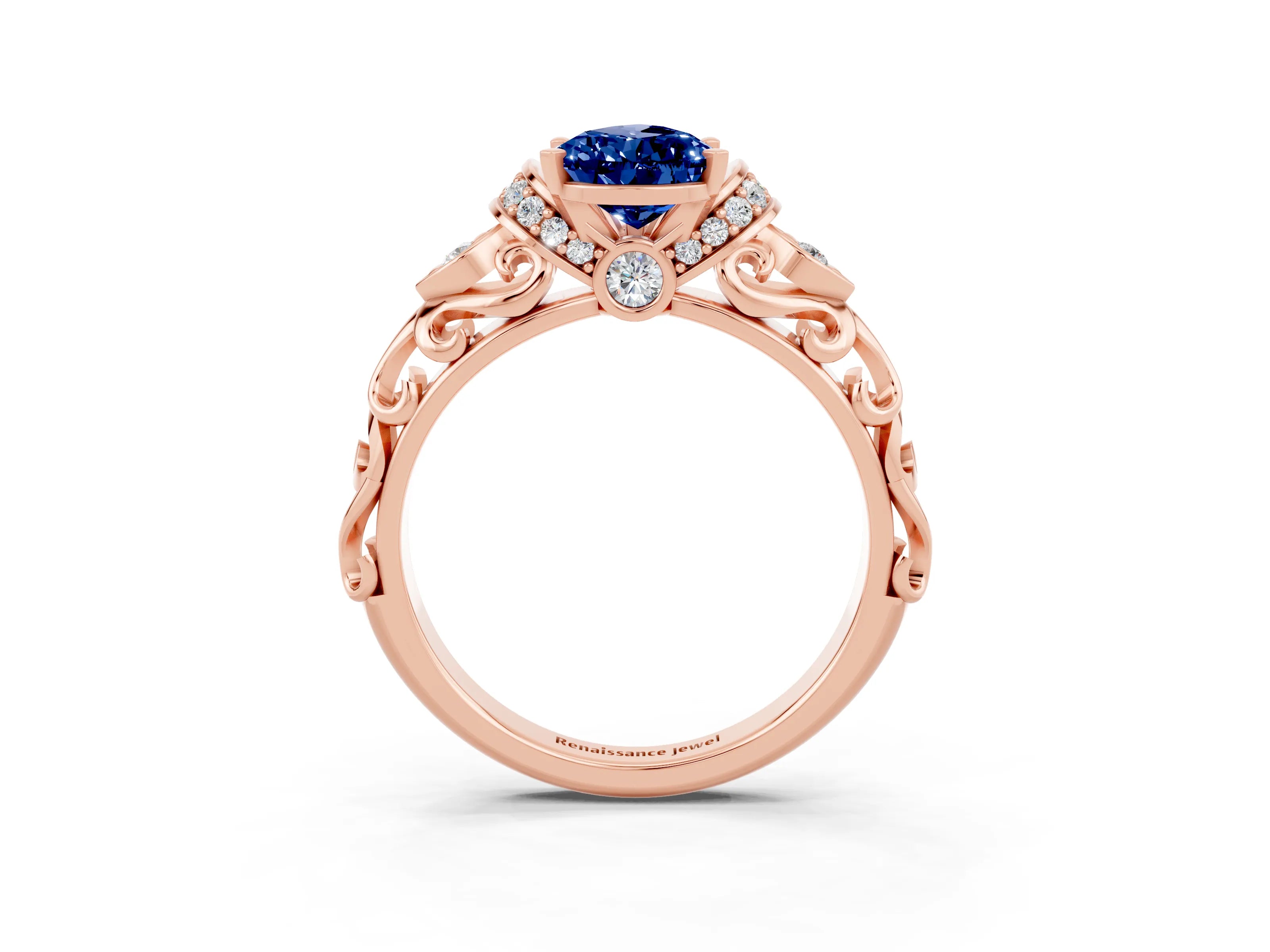 Rose gold Pear Cut Blue Sapphire Solitaire Ring with Filigree Band and Four-Prong Setting_27
