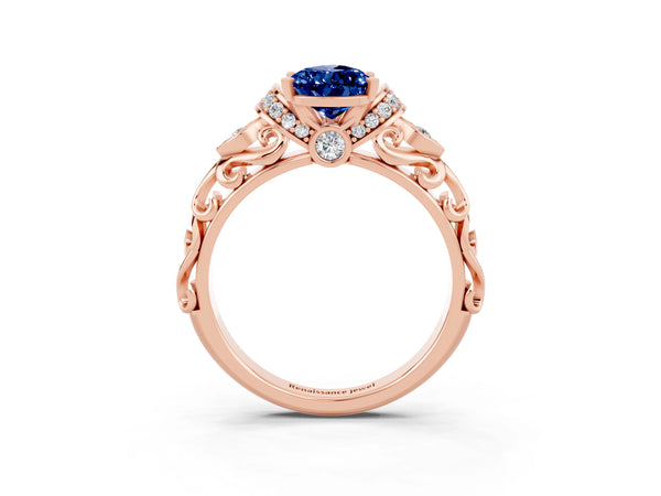 Rose gold Pear Cut Blue Sapphire Solitaire Ring with Filigree Band and Four-Prong Setting