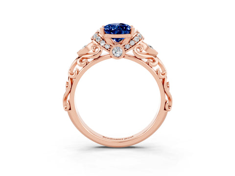 Rose gold Pear Cut Blue Sapphire Solitaire Ring with Filigree Band and Four-Prong Setting_27