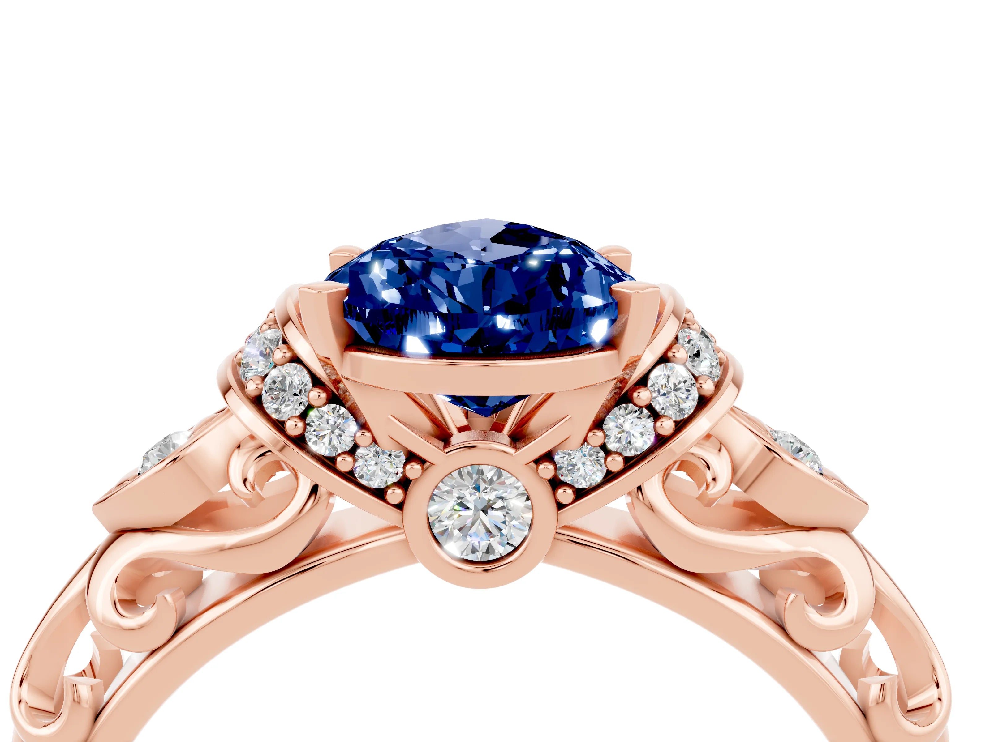 Rose gold Pear Cut Blue Sapphire Solitaire Ring with Filigree Band and Four-Prong Setting_28