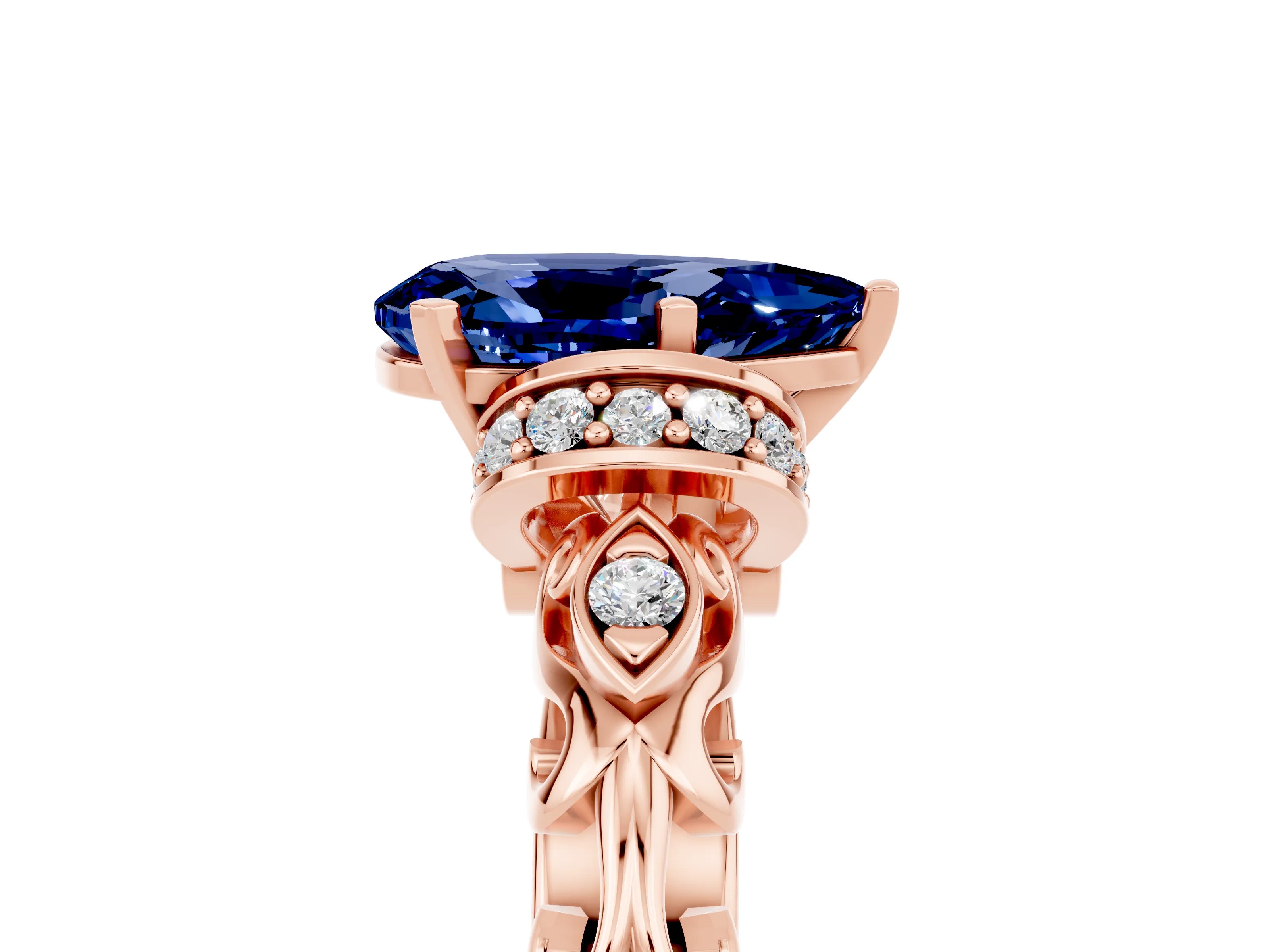 Rose gold Pear Cut Blue Sapphire Solitaire Ring with Filigree Band and Four-Prong Setting_29