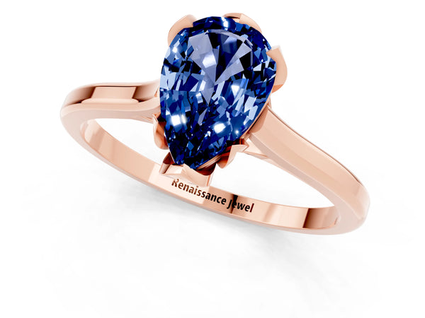 Rose gold Pear Cut Blue Sapphire Solitaire Ring with Flower Prong Setting and Classic Band