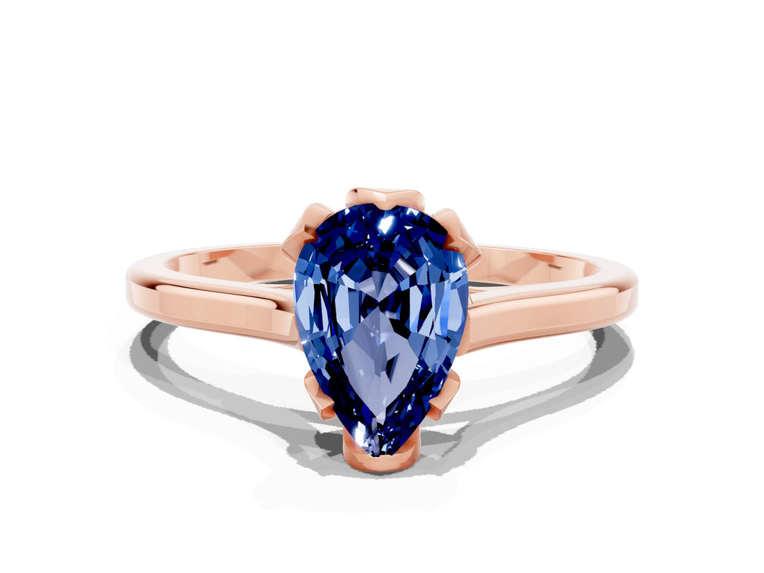Rose gold Pear Cut Blue Sapphire Solitaire Ring with Flower Prong Setting and Classic Band_36