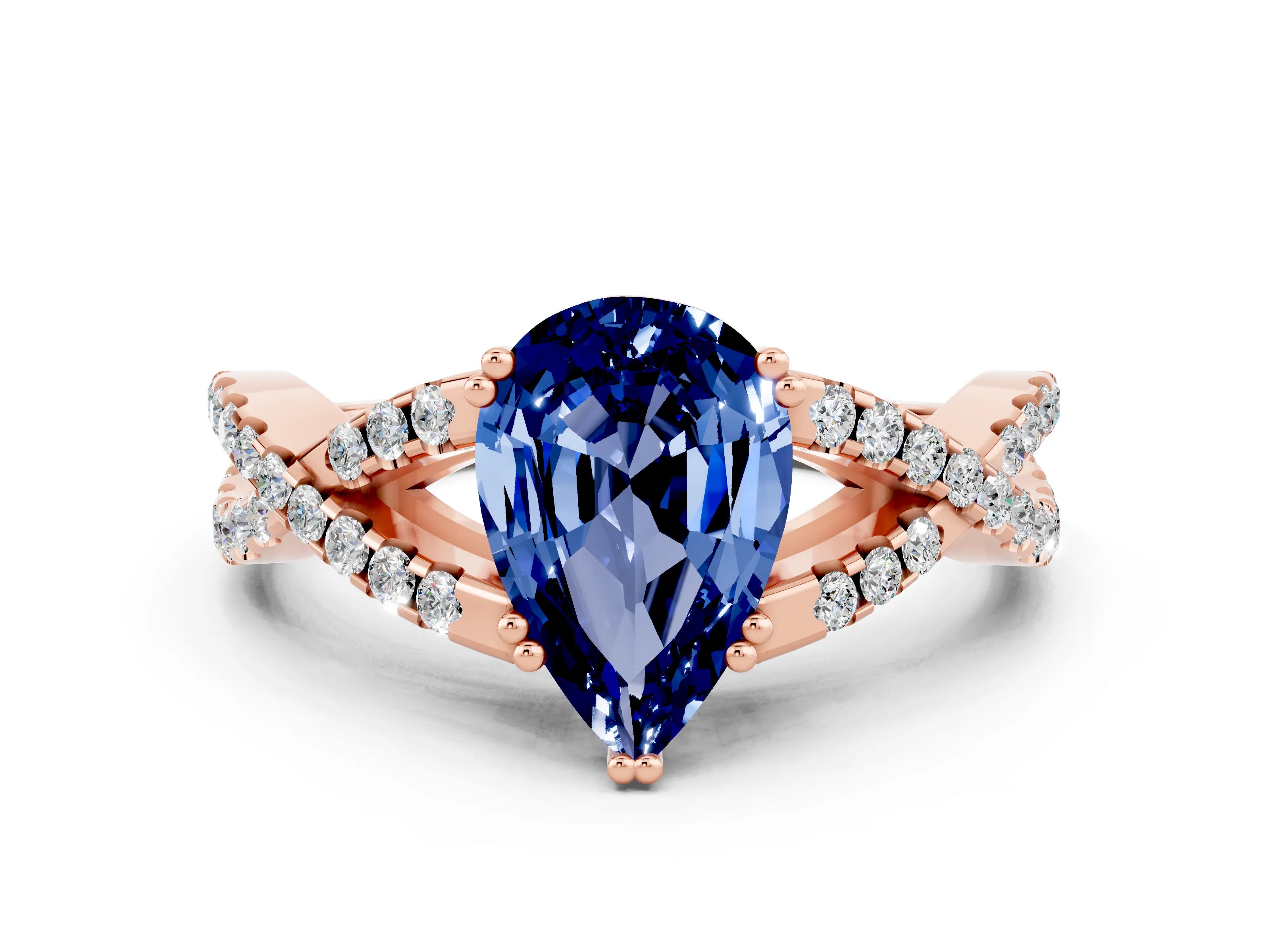 Rose gold Pear Cut Blue Sapphire Solitaire Ring with Four-Prong Setting and Twisted Pavé Band