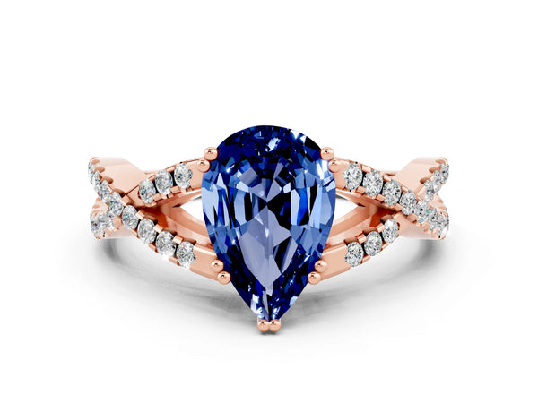 Rose gold Pear Cut Blue Sapphire Solitaire Ring with Four-Prong Setting and Twisted Pavé Band