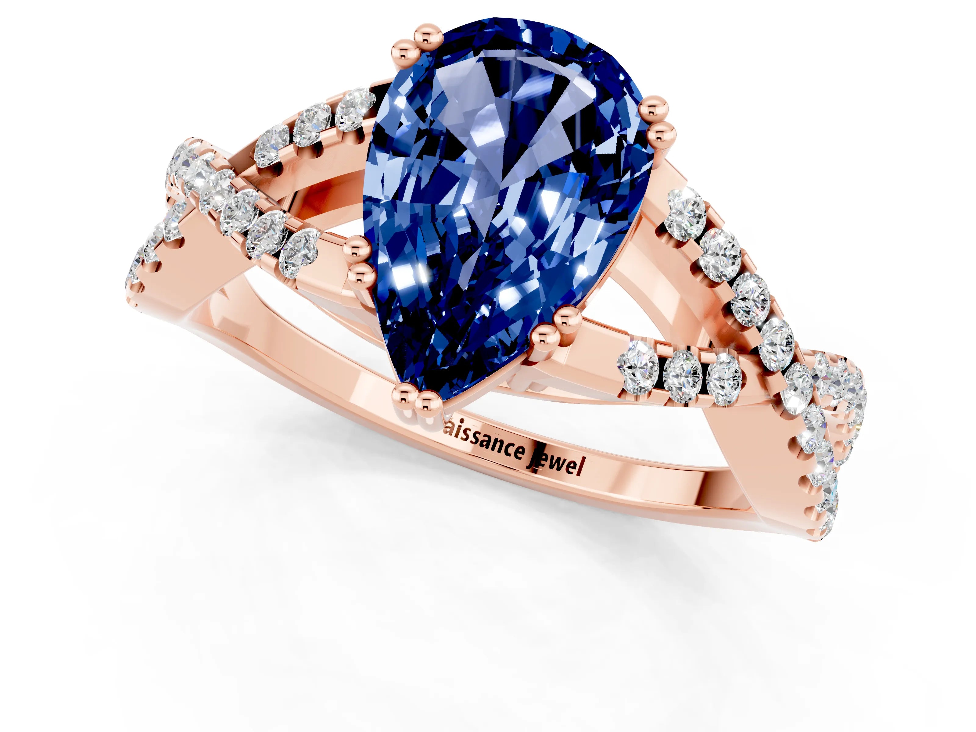 Rose gold Pear Cut Blue Sapphire Solitaire Ring with Four-Prong Setting and Twisted Pavé Band_1