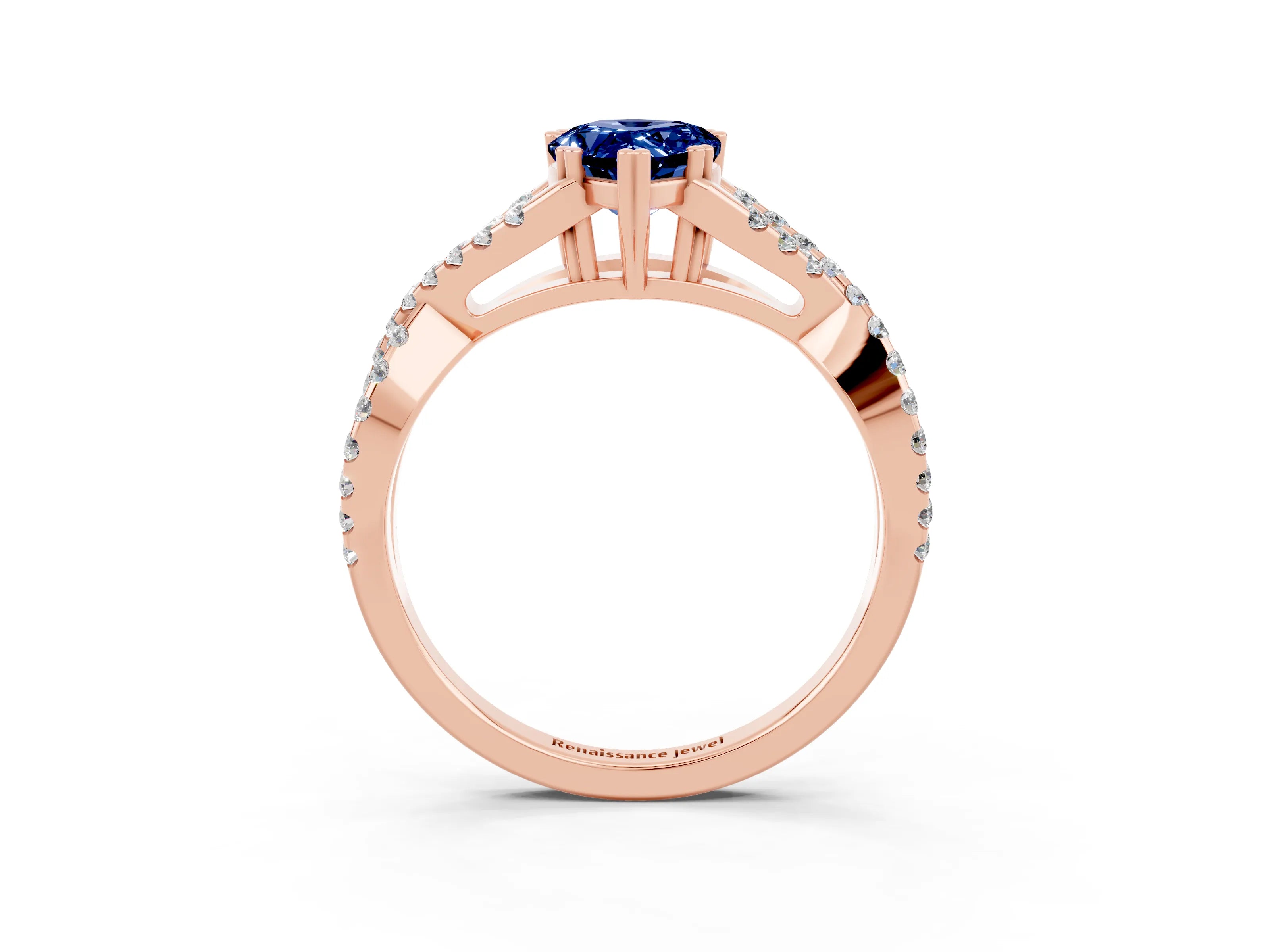 Rose gold Pear Cut Blue Sapphire Solitaire Ring with Four-Prong Setting and Twisted Pavé Band_3
