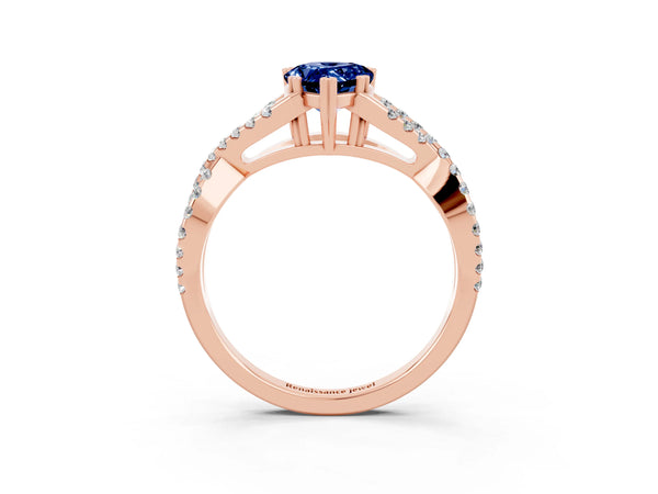 Rose gold Pear Cut Blue Sapphire Solitaire Ring with Four-Prong Setting and Twisted Pavé Band