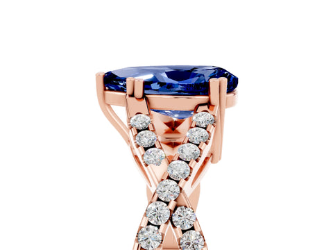 Rose gold Pear Cut Blue Sapphire Solitaire Ring with Four-Prong Setting and Twisted Pavé Band_5