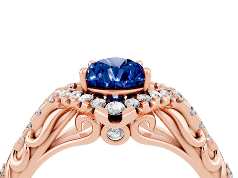 Rose gold Pear Cut Blue Sapphire Solitaire Ring with Hidden Halo and Pavé Band_16