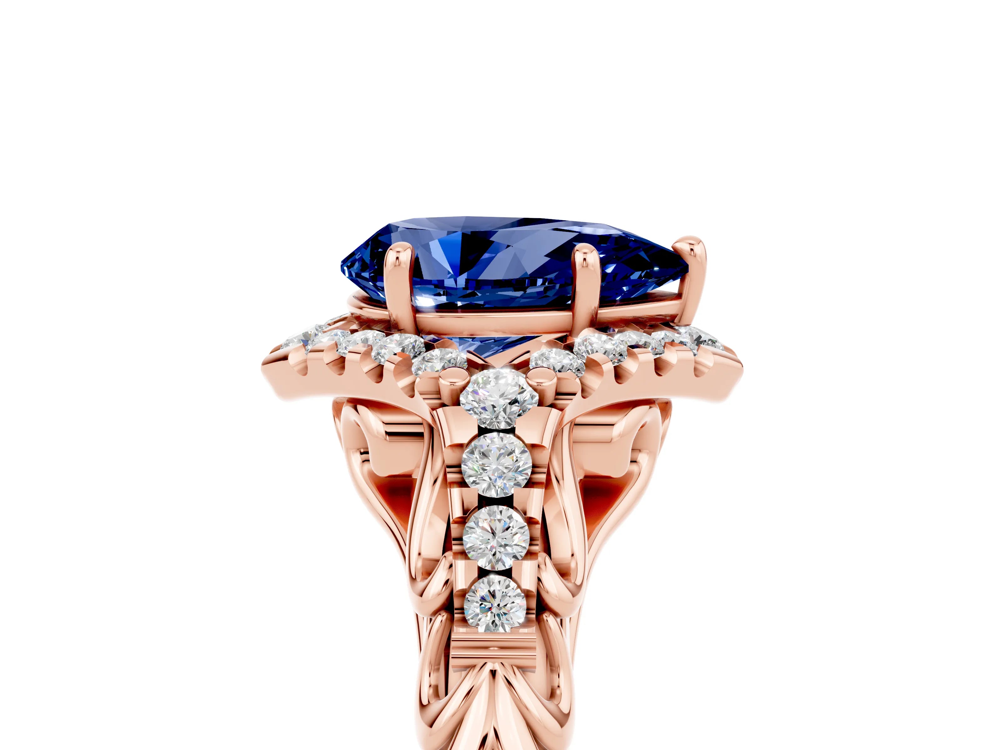 Rose gold Pear Cut Blue Sapphire Solitaire Ring with Hidden Halo and Pavé Band_17