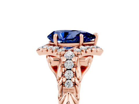 Rose gold Pear Cut Blue Sapphire Solitaire Ring with Hidden Halo and Pavé Band_17