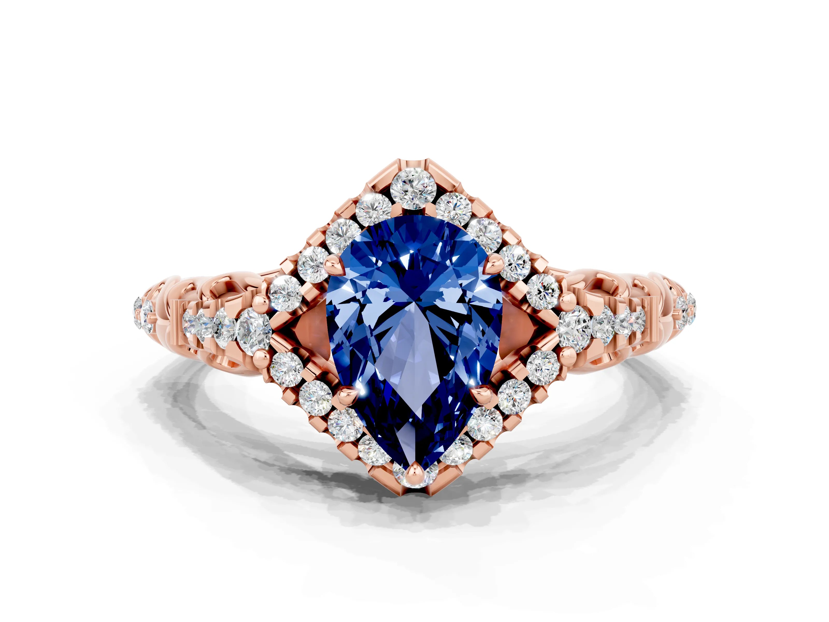 Rose gold Pear Cut Blue Sapphire Solitaire Ring with Hidden Halo and Pavé Band_22