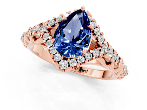 Rose gold Pear Cut Blue Sapphire Solitaire Ring with Hidden Halo and Pavé Band_23