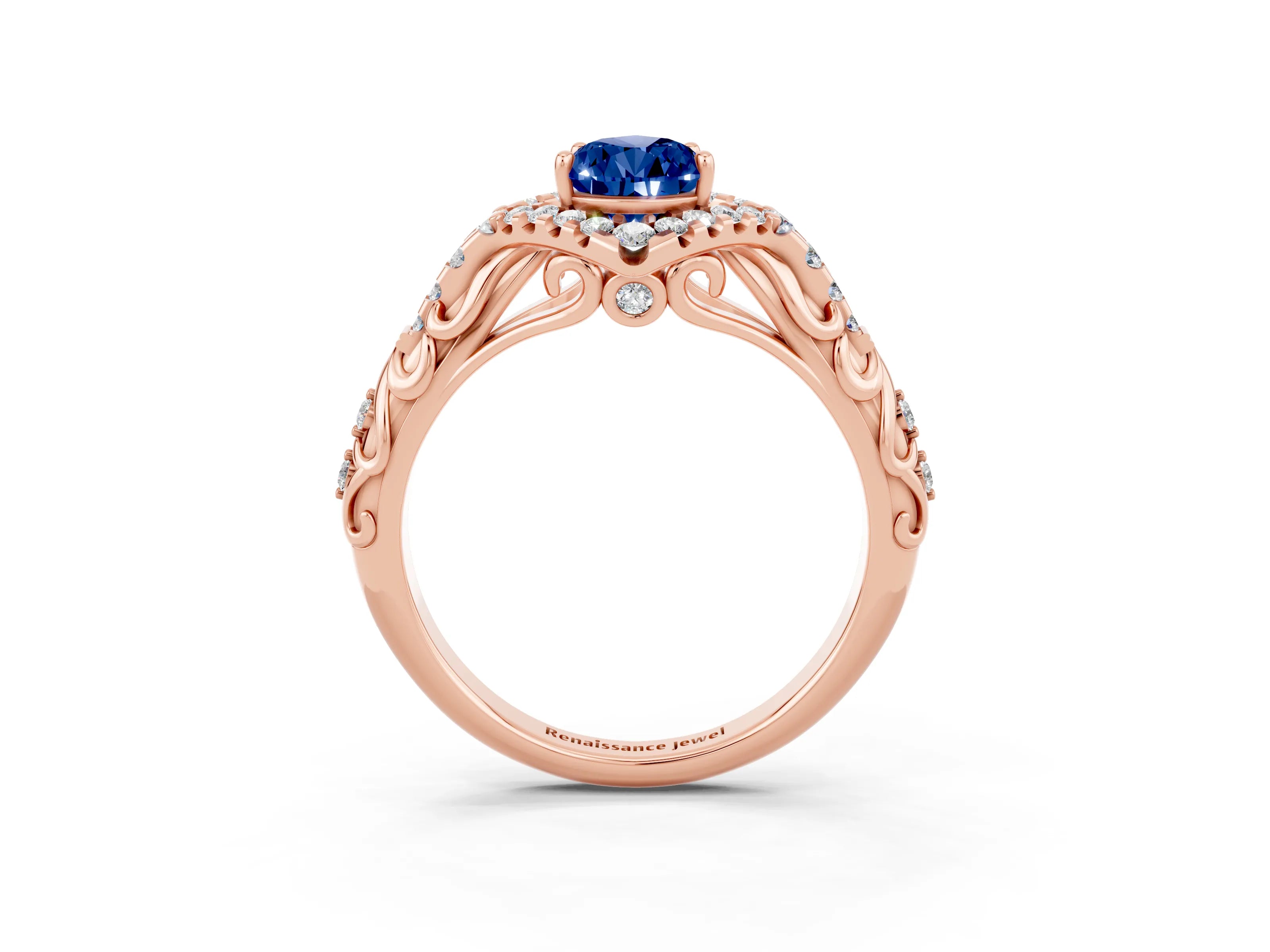 Rose gold Pear Cut Blue Sapphire Solitaire Ring with Hidden Halo and Pavé Band_25