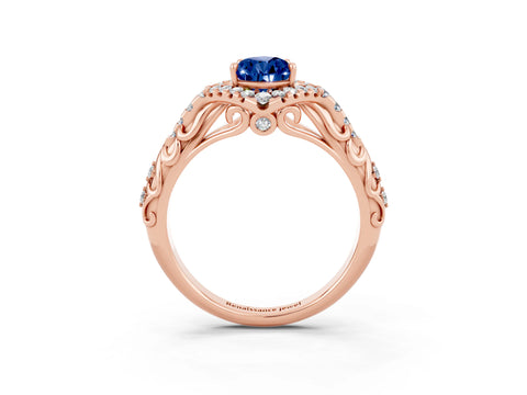 Rose gold Pear Cut Blue Sapphire Solitaire Ring with Hidden Halo and Pavé Band_25