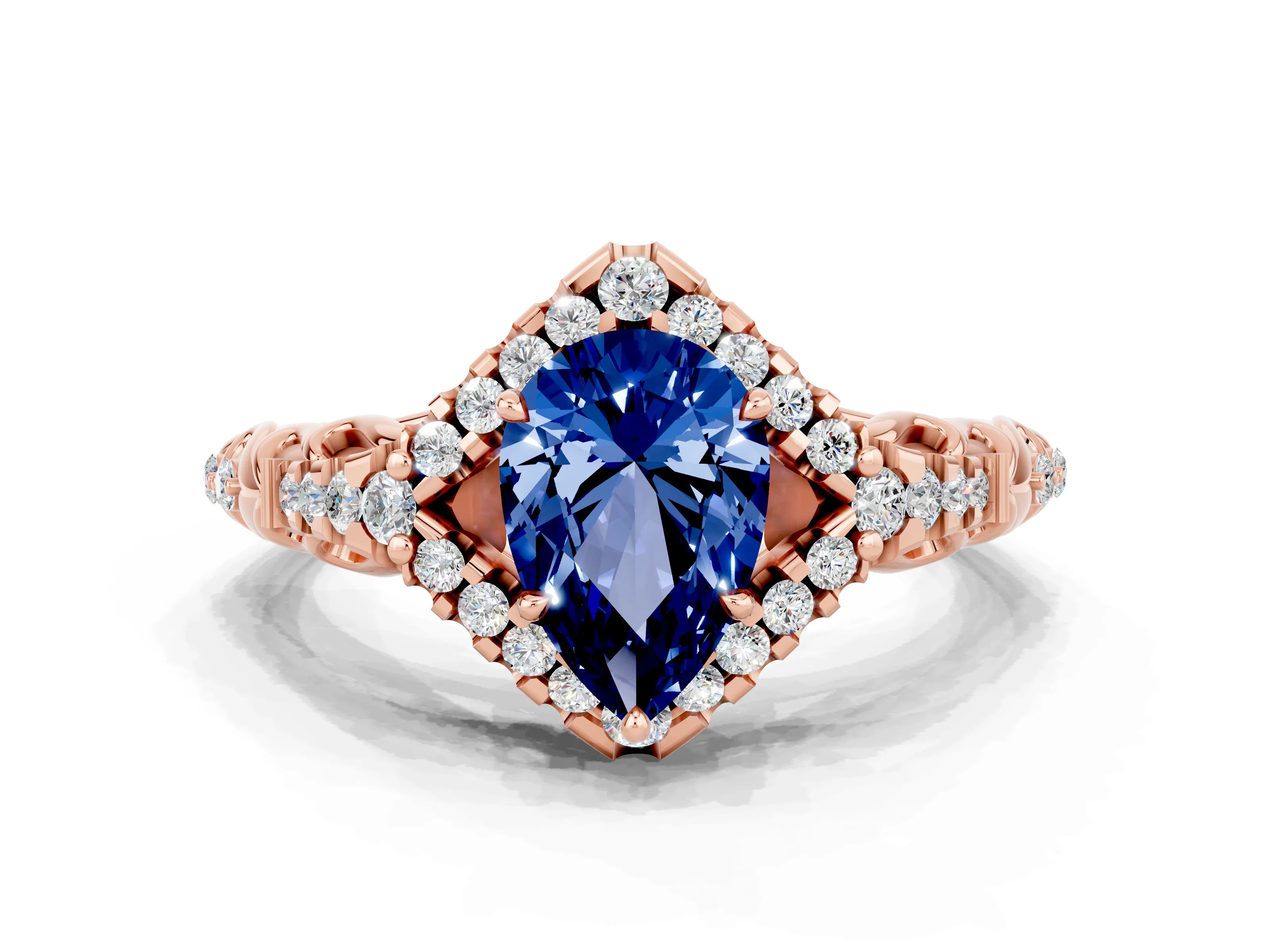 Rose gold Pear Cut Blue Sapphire Solitaire Ring with Hidden Halo and Pavé Band_36