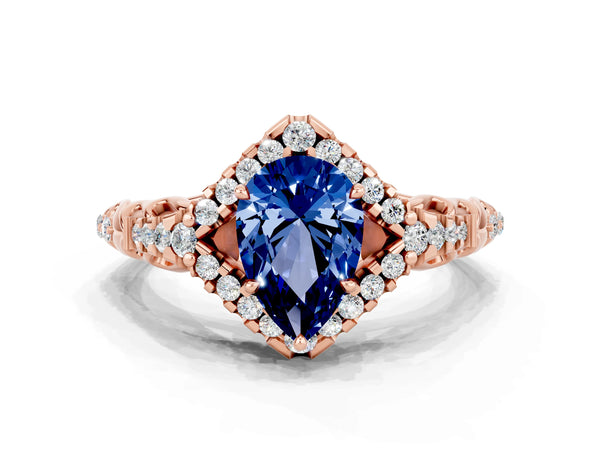 Rose gold Pear Cut Blue Sapphire Solitaire Ring with Hidden Halo and Pavé Band
