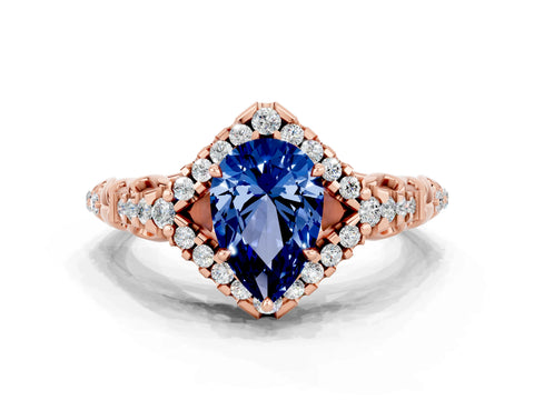 Rose gold Pear Cut Blue Sapphire Solitaire Ring with Hidden Halo and Pavé Band_36