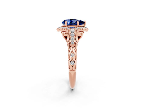 Rose gold Pear Cut Blue Sapphire Solitaire Ring with Hidden Halo and Pavé Band_38