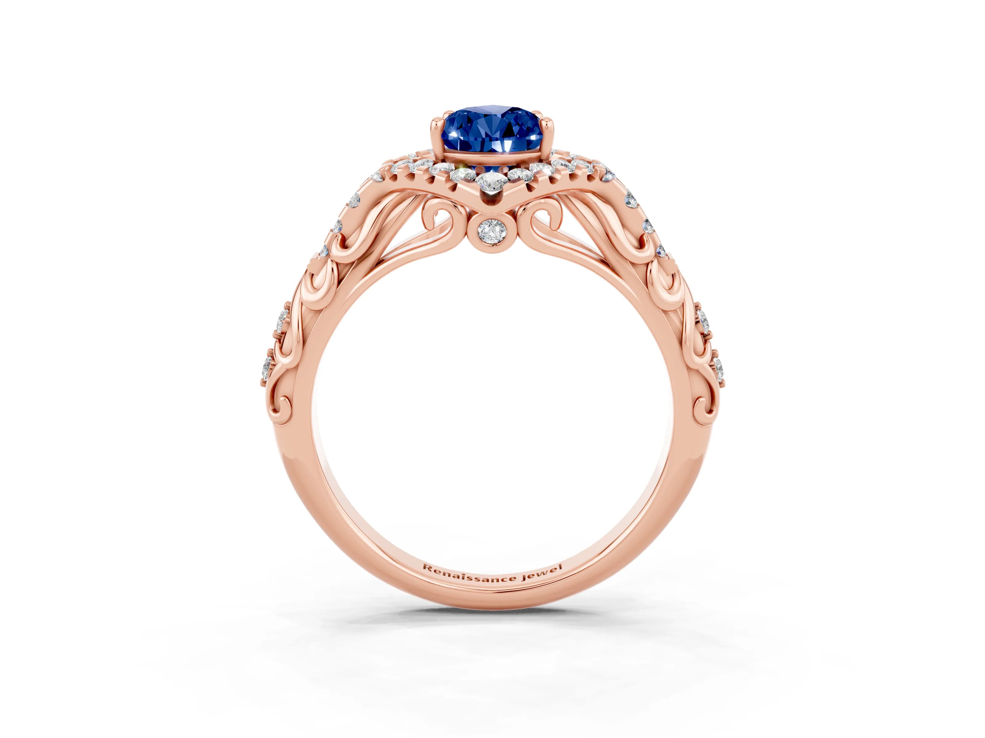Rose gold Pear Cut Blue Sapphire Solitaire Ring with Hidden Halo and Pavé Band_39